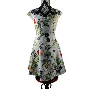 Forever21 Floral‎ Cap Sleeve Fit & Flare Dress White Green Womens Size Small